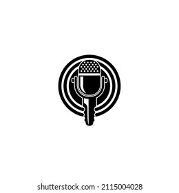 bloqueo de micrófono y logotipo de transmisión por podcast. ilustración vectorial para logotipo o icono