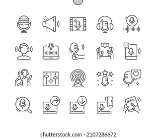 Podcast. Broadcast. Microphone and equipment. Communication. Play podcast. Pixel Perfect Vector Thin Line Icons. Simple Minimal Pictogram