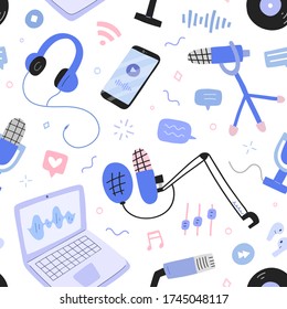 podcast and broadcast pattern, vector collage with microphones, headphones, computer program for recording and producing podcast shows, seamless ornament, hand drawn icons, endless background