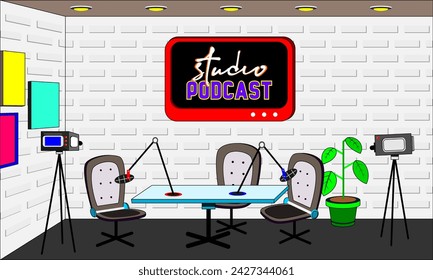 Podcast and broadcast studio room for making content vector design background
