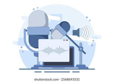 Podcast and broadcasting concept. Radio studio talking into microphone and recording audio podcast or live online interview. Flat design suitable for various purposes. Flat vector illustration.