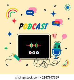 Podcast and broadcasting vector illustration. Flat design. Radio.