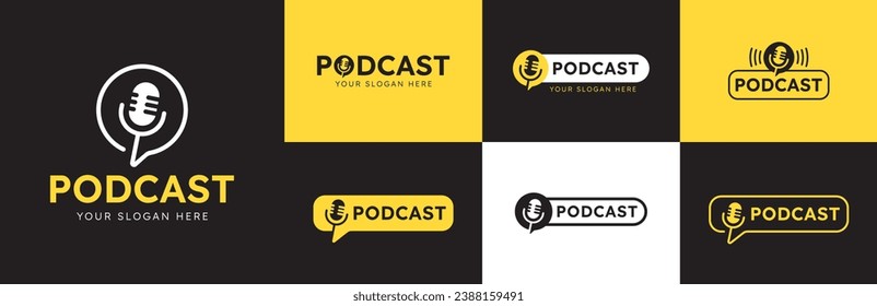 podcast bubble chat microphone logo icon design