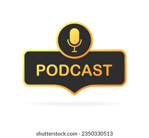 Podcast button. Flat, yellow, microphone icon, podcast with microphone. Vector illustration