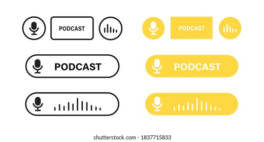 Podcast buttons collection. Modern vector illustrations. Audio record concept. Table microphone with sound broadcast waves symbols.