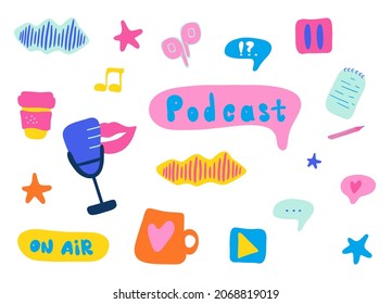 Podcast cartoon design graphic elements set. Digital vector illustration for online broadcast