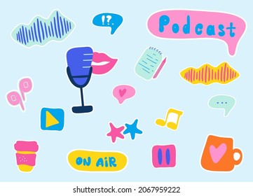Podcast cartoon design sticker set. Digital vector illustration for online broadcast