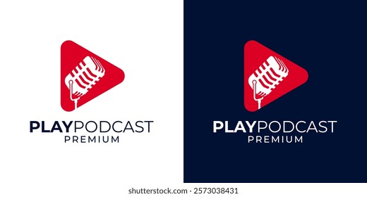 Podcast channel logo design with microphone icon symbol and play button vector illustration. Video play podcast logo design template. Vector logo design of podcast, radio, play, video, microphone.
