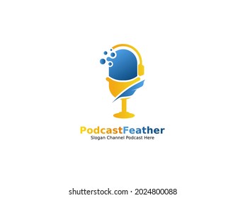 podcast channel logo isolated on white background with technology concept and feather
