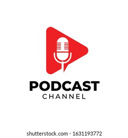 Podcast Channel Or Radio Logo Design Using Microphone And Play Button Chat Or Talk Icon