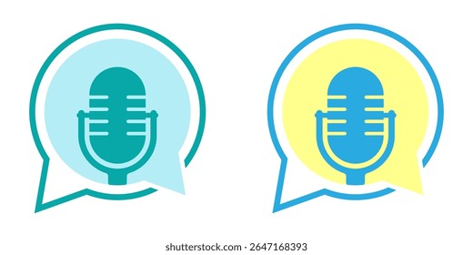 Diseño de logotipo de chat de podcast. Un conjunto de logotipos y símbolos de podcast, iconos con un micrófono de estudio. Emblemas para transmitir transmisiones de radio, espectáculos, presentaciones en vivo. Ilustraciones vectoriales EPS10