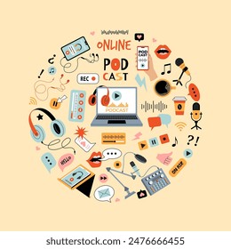 Podcast circle round background design with music audio broadcast gadgets headset laptop microphone digital player UI elements