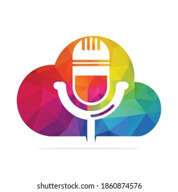 Podcast and cloud logo design. Studio table microphone with broadcast icon design.