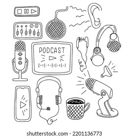 Podcast collection in hand drawn doodle style. Vector Set. Microphone and Different Podcast Equipment and Items. Communication, Interview Concept.