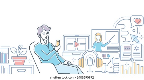Podcast - colorful line design style vector illustration on white background. A composition with a boy sitting in a chair, listening to a program in his smartphone, using mobile app, watching video