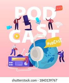 Podcast, Comic Talks or Audio Program Online Broadcasting Concept. Tiny Male, and Female Characters with Microphone and Headset at Huge Radio Poster Banner Flyer. Cartoon People Vector Illustration