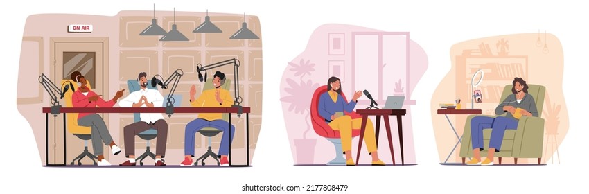 Podcast, Comic Talks or Audio Program Online Broadcasting Concept. Male and Female Characters with Microphone, Radio and Headset Listen or Record Audio Livestream. Cartoon People Vector Illustration