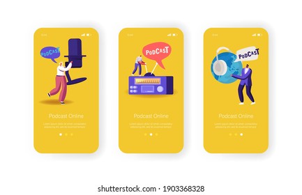 Podcast, Comic Talks Program Mobile App Page Onboard Screen Template. Tiny Characters with Microphone, Radio and Headset Audio Livestream Broadcasting Concept. Cartoon People Vector Illustration