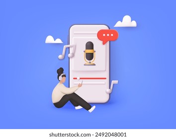 Podcast concept 3D illustration. Icon composition with microphone, headphones, recording audio, listening talk. 3D Web Vector Illustrations.