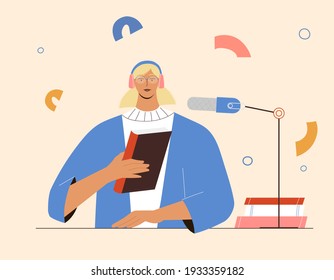 Podcast concept about reading and books, woman talking in microphone, recording stream. Vector illustration in flat style