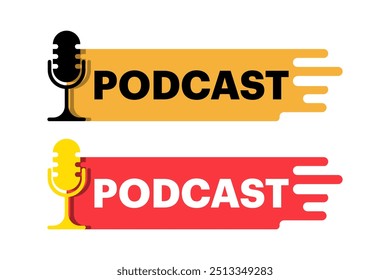 Podcast Concept. Badge, icon, stamp. speaking into microphone and recording audio podcast or live online interview. Browse audio currently listening on smartphone. podcast stock illustration.