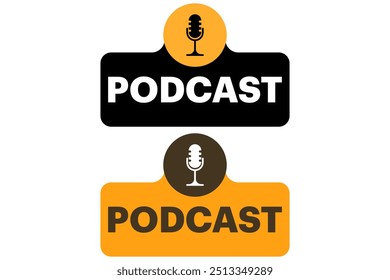 Podcast Concept. Badge, icon, stamp. speaking into microphone and recording audio podcast or live online interview. Browse audio currently listening on smartphone. podcast stock illustration.