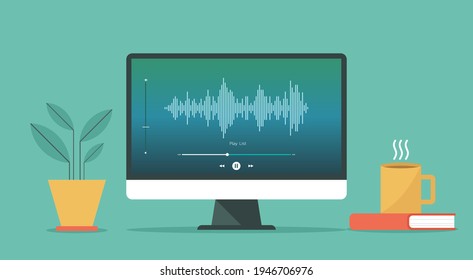 Podcast concept. Broadcasting online live streaming on computer or on radio station, flat vector design illustration