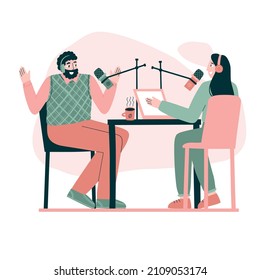 Concepto de podcast con personajes creados por dos personas. ilustración de estilo plano. ilustración vectorial dibujada a mano.