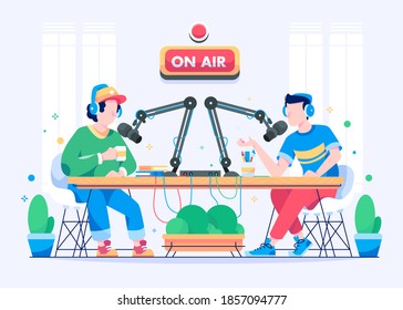 podcast concept with characters, two people are doing the podcast, podcast illustration, flat style