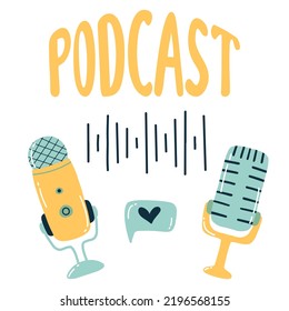 Concepto de podcast. Estilo Doodle. Ilustración vectorial. Dos micrófonos. Radiodifusión.
