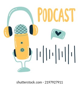 Podcast concept. Doodle style. Vector illustration. Broadcasting.Microphone and headphones.