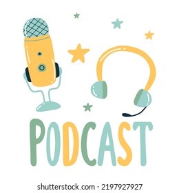 Podcast concept. Doodle style. Vector illustration. Broadcasting.Microphone and headphones.