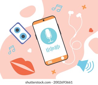 Podcast concept. The podcast is enabled on the smartphone, listening to audio content with headphones. Volume and music icon. Cartoon flat vector illustration on a pink background with a kiss sticker
