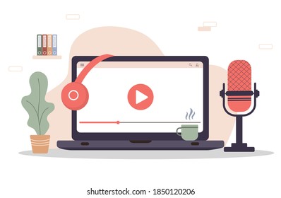 Podcast concept. Equipment for blogging, webcasting and broadcasting. Radio host workplace. Recording webinar, tutorials and online courses. Vector illustration in flat cartoon style.