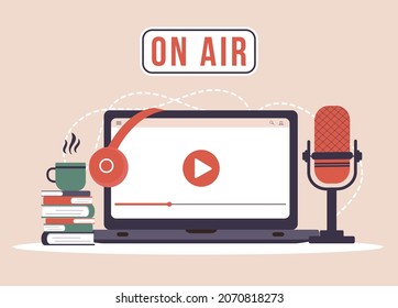 Podcast concept. Equipment for blogging, webcasting and broadcasting. Radio host workplace. Recording webinar, tutorials and online courses. Vector illustration in flat cartoon style.