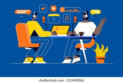 Podcast concept. Flat design illustration of two people in headphones talking in studio with microphones on blue background. Vector Illustration