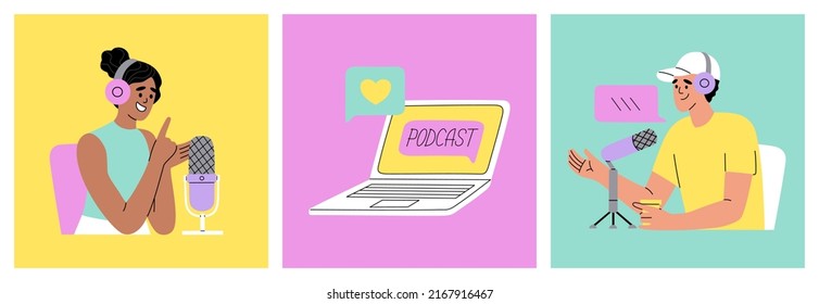 Podcast concept. Girl and guy speaking in microphone, laptop.Broadcast recording and listening, online radio. Hand drawn vector illustration isolated on colored background. Flat cartoon style.