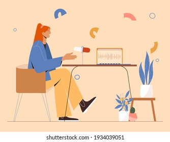 Podcast concept, girl sitting in armchair talking in microphone, recording stream. Vector illustration in flat style