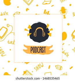 Podcast concept in grunge style. Live music. Karaoke icon. Speaker symbol.