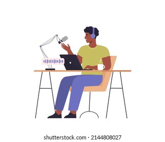 Podcast concept. Happy man recording audio podcast, podcaster speaking in microphone. Vector flat illustration