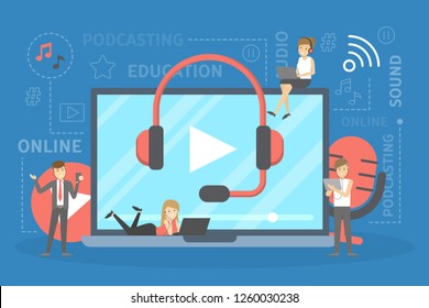 Podcast concept. Idea of podcasting studio and people in headphone chatting with microphone and record. Radio or digital media. Vector flat illustration