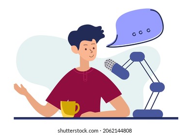 Podcast concept. An illustration about the podcast. A girl talking into a microphone and sitting at a table. Flat vector in a fashionable