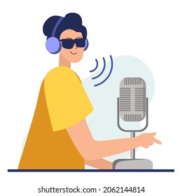 Podcast concept. An illustration about the podcast. A girl talking into a microphone and sitting at a table. Flat vector in a fashionable