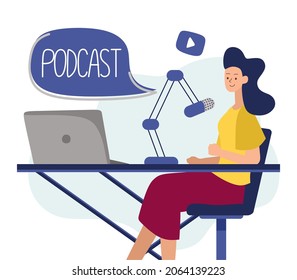 Podcast concept. An illustration about the podcast. A girl talking into a microphone and sitting at a table. Flat vector