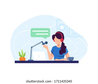 Podcast concept illustration. Female podcaster talking to microphone recording podcast in studio. Podcast in studio flat vector illustration. Concept of internet online radio