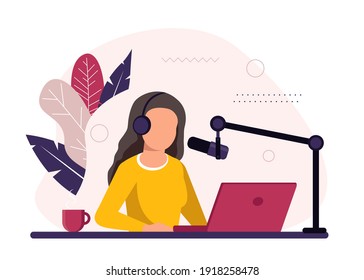 Podcast concept illustration. Female podcaster talking to microphone recording podcast in studio. Concept of internet online radio