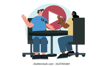 Podcast concept illustration. Female radio host interviewing guests on radio station. Podcast in studio flat vector illustration. Man and woman in headphones talking. Vector in flat style.
