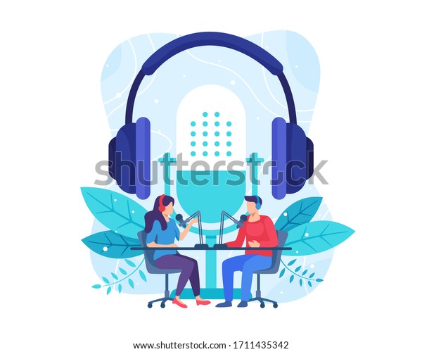 Podcast\
concept illustration. Female radio host interviewing guests on\
radio station. Podcast in studio flat vector illustration. Man and\
woman in headphones talking. Vector in flat\
style