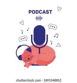 Podcast concept illustration. Ginger cat with headphones asleep curled up around a microphone for recording a podcast. Podcast screensaver concept.