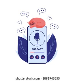 Podcast concept illustration. A ginger cat sleeps on a smartphone in which a podcast is played in an audio player. Podcast screensaver concept.